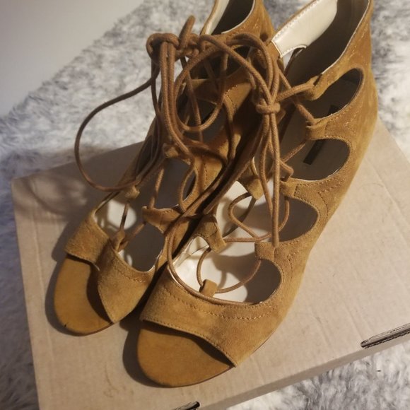 Zara- Lace up Suede Light Brown Wedges - Picture 2 of 5